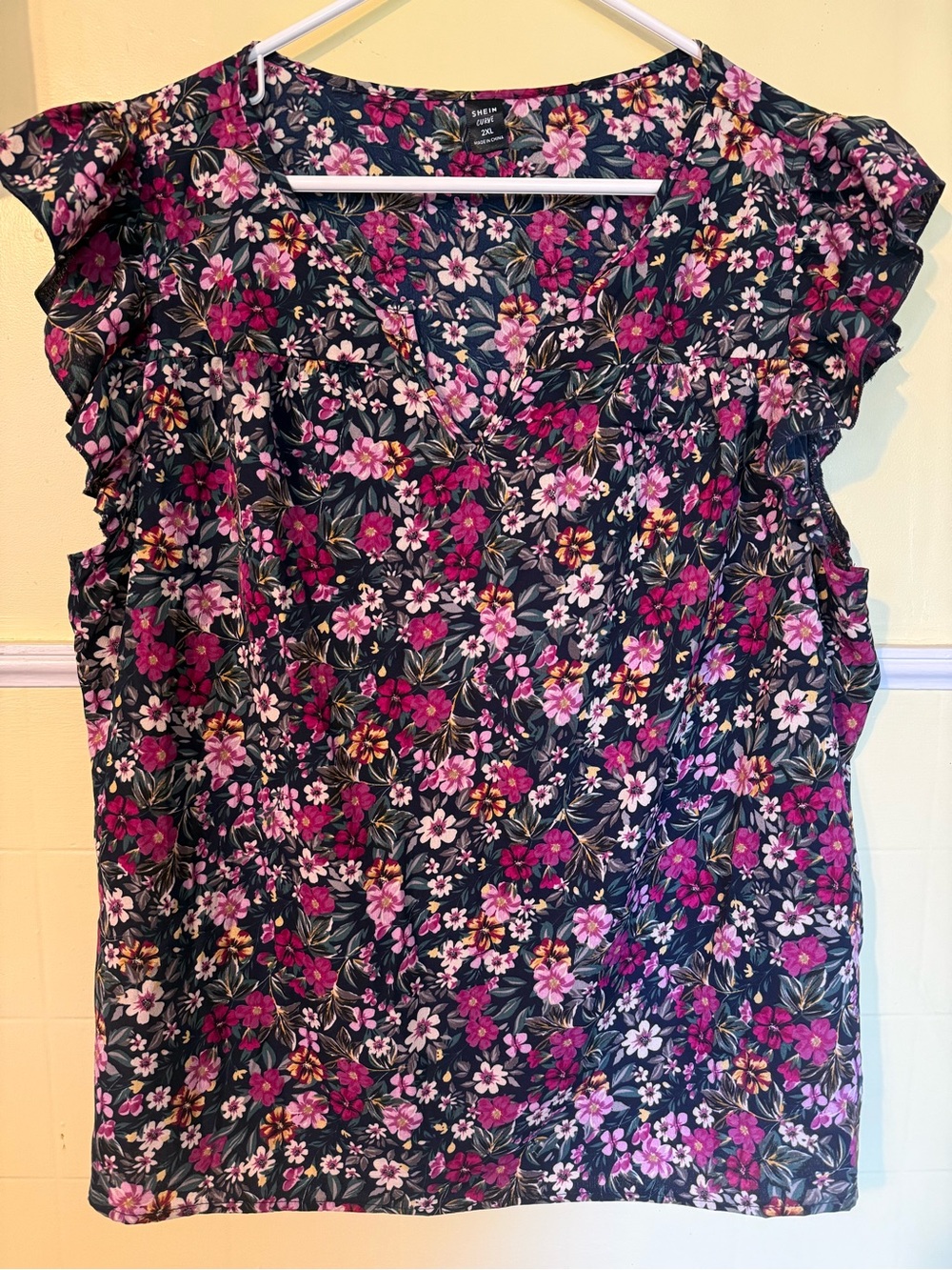 SHEIN Navy Floral V-Neck Flutter Sleeve Blouse